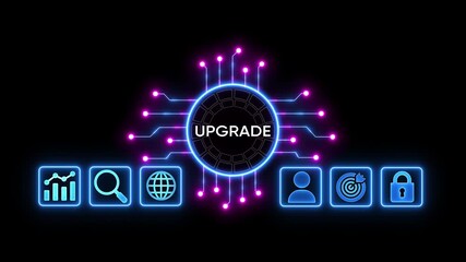 Futuristic digital upgrade concept with glowing neon circuit board connecting to user profile target and lock icons on black background representing technology advancement and system enhancement - Powered by Adobe
