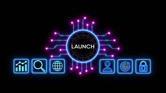Digital launch concept with glowing neon circuit board connecting to user target and lock icons on a dark background representing technology innovation startup success and security