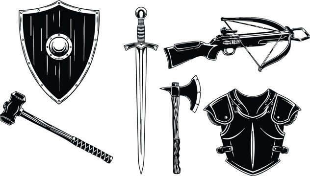 Medieval weapons and armor set sword shield axe crossbow hammer chest plate vector illustration