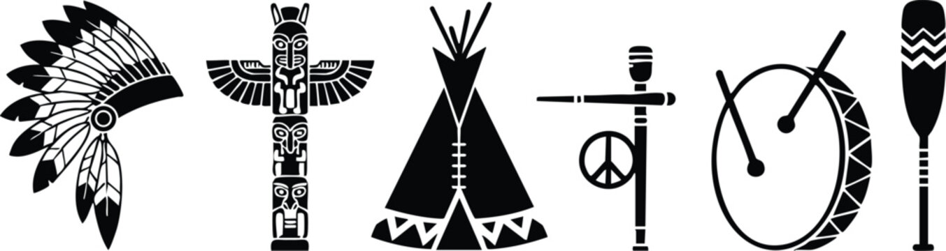 Native American tribal symbols vector illustration with headdress totem tipis peace pipe drum and paddle design