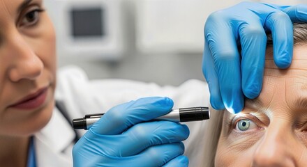 Medical professional's gloved hand shines light into patient's eye, detecting potential minor stroke or TIA symptoms, assessing neurological health for ischemic or hemorrhagic events.