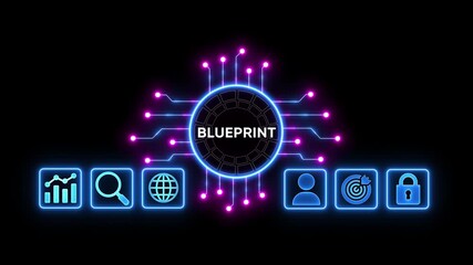 Futuristic blueprint digital interface with glowing neon circuit lines connecting to icons representing user profile target achievement and security lock on a dark background abstract technology - Powered by Adobe