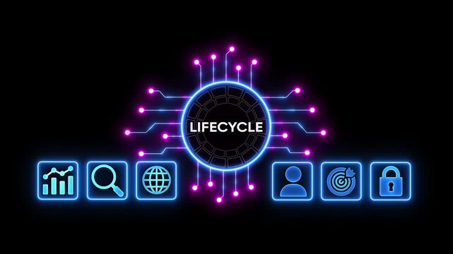 Digital lifecycle concept with glowing neon circuit board connecting to user profile target and lock icons on dark background abstract technology visualization
