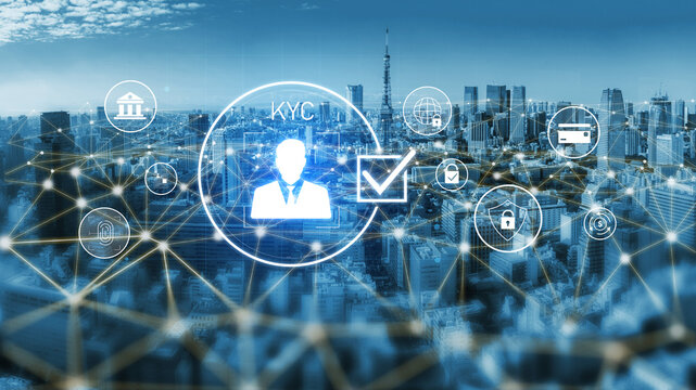 Digital KYC verification with biometric scan, ID authentication, and financial security icons representing identity verification, secure onboarding, fraud prevention, and compliance Vouch - Powered by Adobe