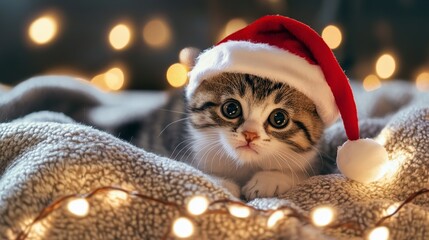 Adorable kitten wearing Santa hat with festive lights, perfect for Christmas cards and holiday promotions, delivering warmth and holiday cheer
