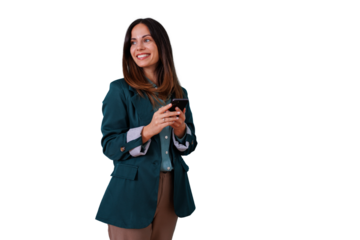 Professional woman smiling, holding smartphone, standing, using mobile technology for communication, searching, transparent background