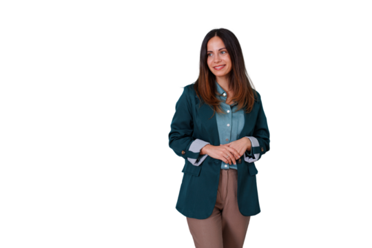 Professional woman standing, smiling confident while looking sideways, businesswoman in blazer on transparent background