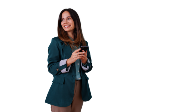 Professional woman smiling, holding smartphone, standing, using mobile technology for communication, searching, transparent background