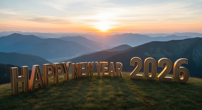 Happy new year 2026 gold letters on mountain top