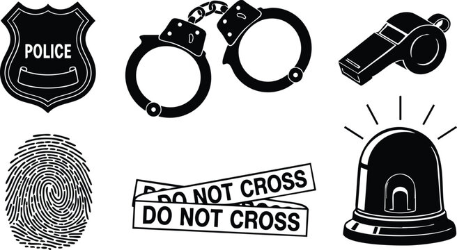 Police badge handcuffs whistle fingerprint do not cross tape siren emergency law enforcement vector illustration