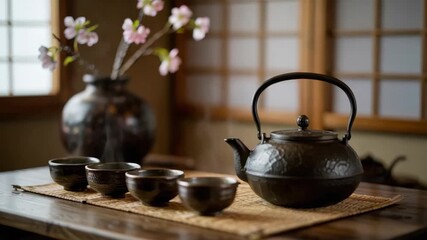 Experience traditional Japanese tea culture with steaming teapot and sakura, perfect for wellness retreats and serene lifestyle content