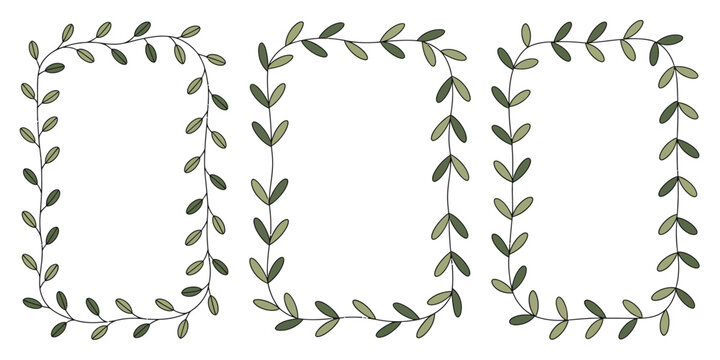 Three rectangular frames made of green leaves and vines on a white background isolated vector design
