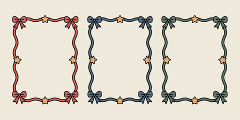 Three frames with ribbons and stars in different colors on a light background are displayed
