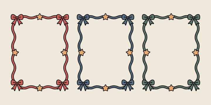 Three frames with ribbons and stars in different colors on a light background are displayed