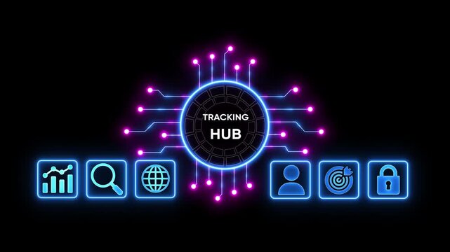 Futuristic neon digital tracking hub interface with glowing circuit lines connecting to user profile target and lock icons representing data analytics security and network management concepts on - Powered by Adobe