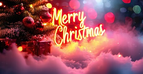 Festive scene features bright Merry Christmas text, tree ornaments, gifts, smoke effects. Warm colors dominate composition.