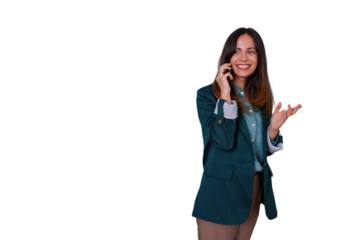 Woman talking on smartphone, smiling during a business conversation with hand gesturing, transparent background