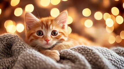 Adorable ginger kitten lounging on a cozy blanket with bokeh lights, perfect for heartwarming holiday greetings and cute pet product promotions now