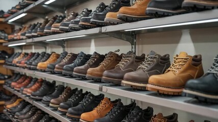 Stylish footwear collection on display, showcasing diverse colors and textures in a shoe store setting, appealing to fashion-conscious buyers with discerning taste