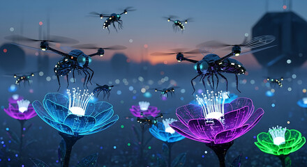 Artificial Intelligent Flying Drones Collecting Pollen from Digital Flowers Technology and Nature Symbiosis Advanced Robotics and Autonomous Systems in Agriculture Ecosystem Concept