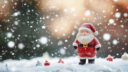 Merry Christmas scene with falling snow and Santa Claus figurine in a winter wonderland setting, perfect for holiday greetings and festive designs