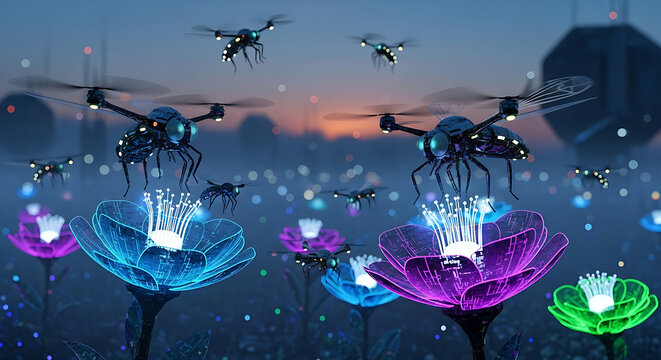 Artificial Intelligent Flying Drones Collecting Pollen from Digital Flowers Technology and Nature Symbiosis Advanced Robotics and Autonomous Systems in Agriculture Ecosystem Concept