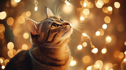 Adorable tabby cat mesmerized by sparkling golden lights, creating a magical and heartwarming scene for holiday greetings and cozy moments