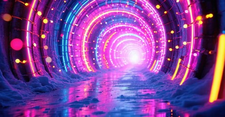 Fototapeta premium Bright tunnel glows with vibrant neon lights. Circular patterns create depth, leading toward distant illumination. Futuristic, immersive scene.
