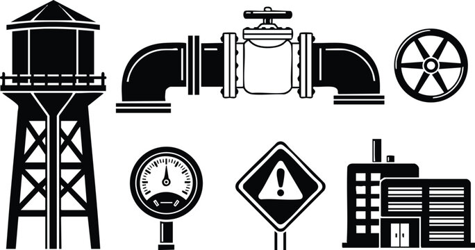 Industrial water tower pipe valve gauge warning sign factory building vector illustration