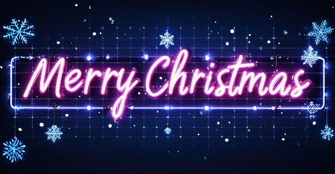 Bright neon sign displays Merry Christmas. Blue background features snowflakes, creating festive holiday vibe. Simple, vibrant design. - Powered by Adobe