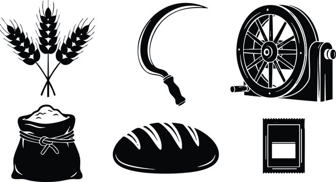 Bread and wheat harvesting icons with sack sickle and grinding wheel vector illustration