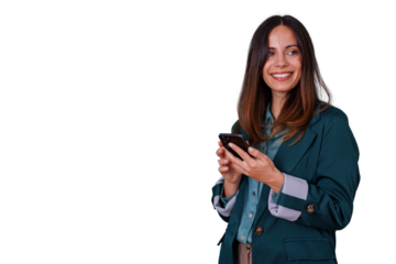 Happy woman using smartphone for texting and browsing, smiling, dressed in business casual with transparent background