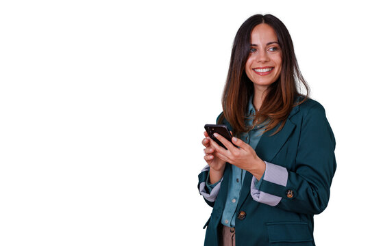 Happy woman using smartphone for texting and browsing, smiling, dressed in business casual with transparent background - Powered by Adobe
