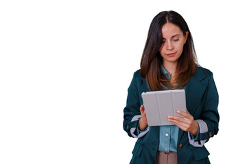 Fototapeta premium Businesswoman standing and working with digital tablet, looking focused and professional, transparent background