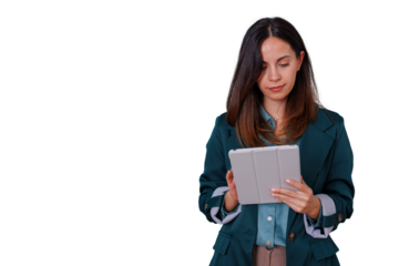 Businesswoman standing and working with digital tablet, looking focused and professional, transparent background