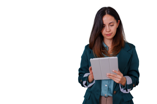 Businesswoman standing and working with digital tablet, looking focused and professional, transparent background - Powered by Adobe
