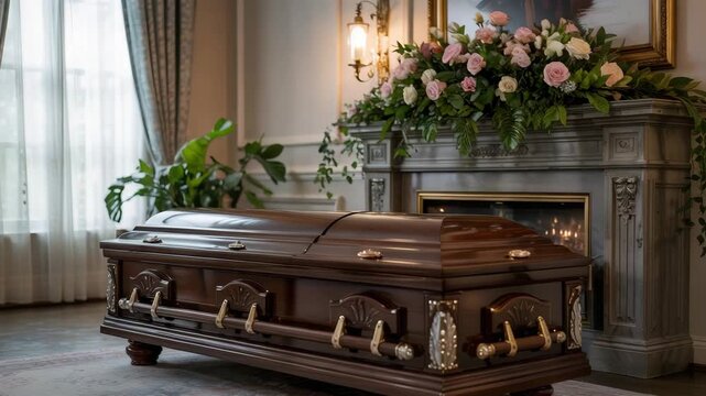 Elegant mahogany casket rests peacefully in funeral home setting, flowers adorn mantle, creating a somber and respectful atmosphere for remembrance