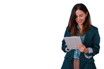 Woman smiling while using digital tablet, managing business tasks, connecting to technology, transparent background
