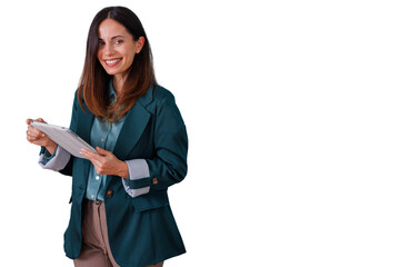Smiling businesswoman holding a digital tablet, representing technology, professional communication, and business solutions. Transparent background