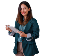 Smiling businesswoman holding a digital tablet, representing technology, professional communication, and business solutions. Transparent background