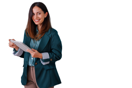 Smiling businesswoman holding a digital tablet, representing technology, professional communication, and business solutions. Transparent background