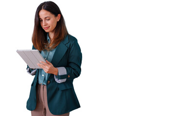Professional woman using digital tablet, focused on mobile device, working with technology, transparent background © Komora