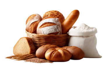 Artisan Whole Grain Bread Assortment in Wicker Basket with Bag of Flour on Black Background