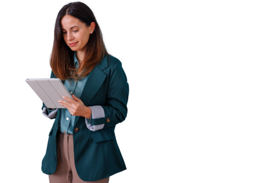 Professional woman using digital tablet, focused on mobile device, working with technology, transparent background - Powered by Adobe