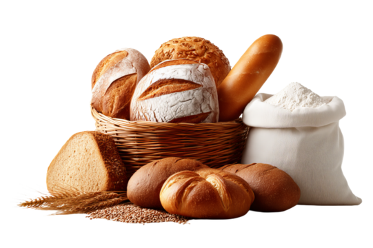 Artisan Whole Grain Bread Assortment in Wicker Basket with Bag of Flour on Black Background