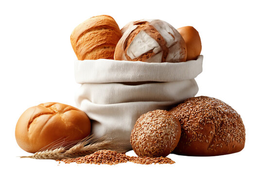 Assorted Freshly Baked Whole Grain Bread Loaves and Rolls in a Rustic Sacks with Wheat Stalks - Powered by Adobe