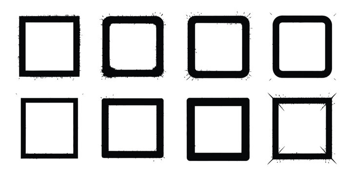 Eight black square shapes with varying corner styles arranged in a two by four grid formation