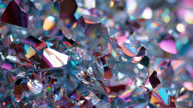 Macro shot of shimmering, broken glass or crystal fragments, reflecting a vibrant spectrum of iridescent colors, creating a dazzling, abstract texture.
