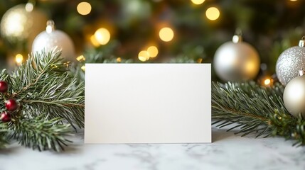 Create stunning holiday greetings with this festive blank card mockup surrounded by evergreen branches and ornaments, ideal for personalized messages