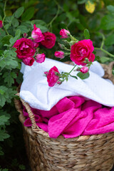 Bright cotton waffle towels arranged in a woven basket on green grass in warm sunlight. Fresh outdoor summer setting, natural textures, cozy and clean home-living aesthetic.